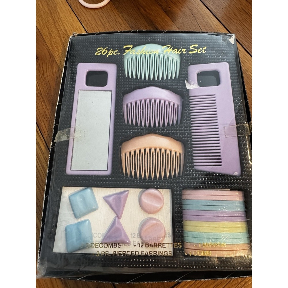 Vtg Fashion Hair Set Pastel Combs Earrings Mirror Barettes Missing 1 Comb 80s
